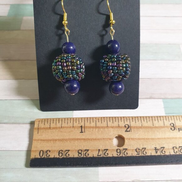 Handmade Beaded Dangle Earrings Multicolor Beads Gold Hooks Jewelry Blue - Picture 3 of 4